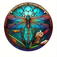 Závěsná kulatá vitráž - Vážka modrá, 8 cm